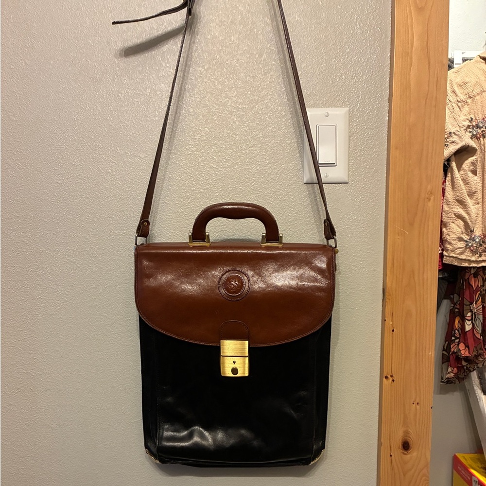 Leather Briefcase‎ in Cognac & Black Leather w/ Gold Hardware & Embossed Design